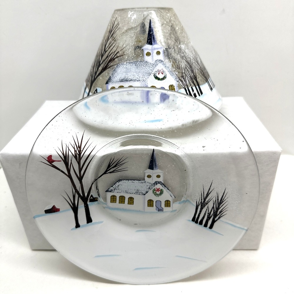 Yankee Candle Crackle Glass Shade Topper Round Plate Winter Snow Chapel Church